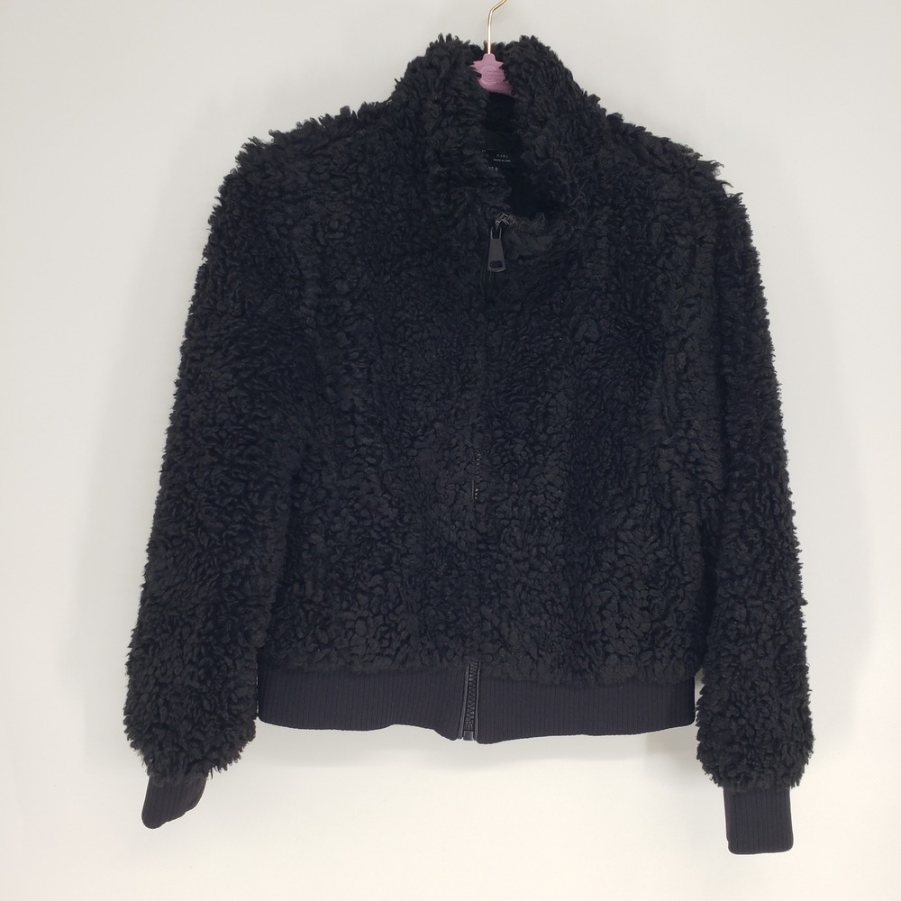 Zara Black Sherpa Faux Fur Bomber Jacket Women Size Medium Full Zip Mock Neck